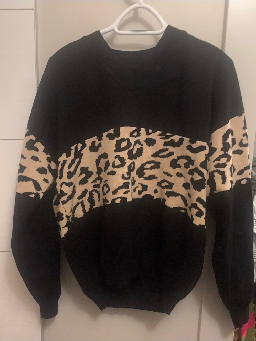 Black Sweater with Beige Leopard Stripe